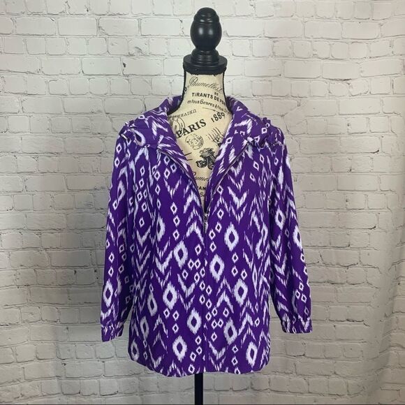 Chico's Zenergy size 0 purple & white 3/4 sleeve stretchy zip front jacket - Picture 1 of 6
